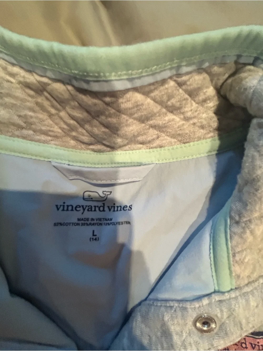 Vineyard Vines Quilted Pullover in Gray with Mint Trim
